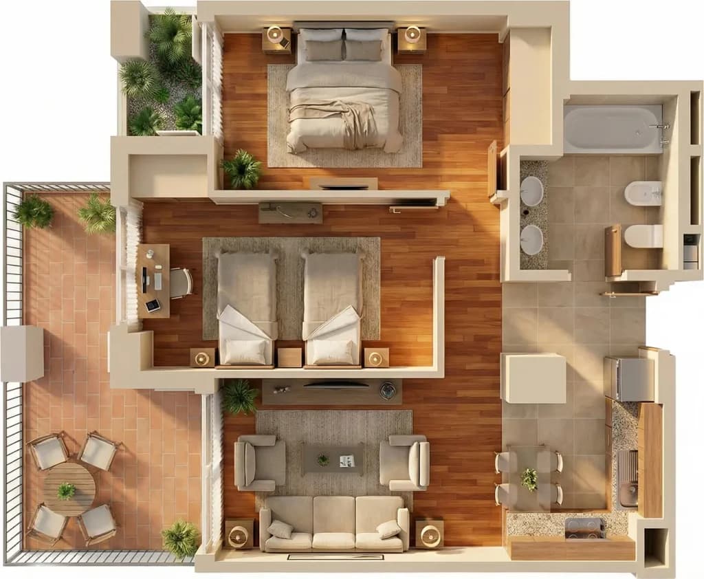 2 Dormitorios — Vista 3D