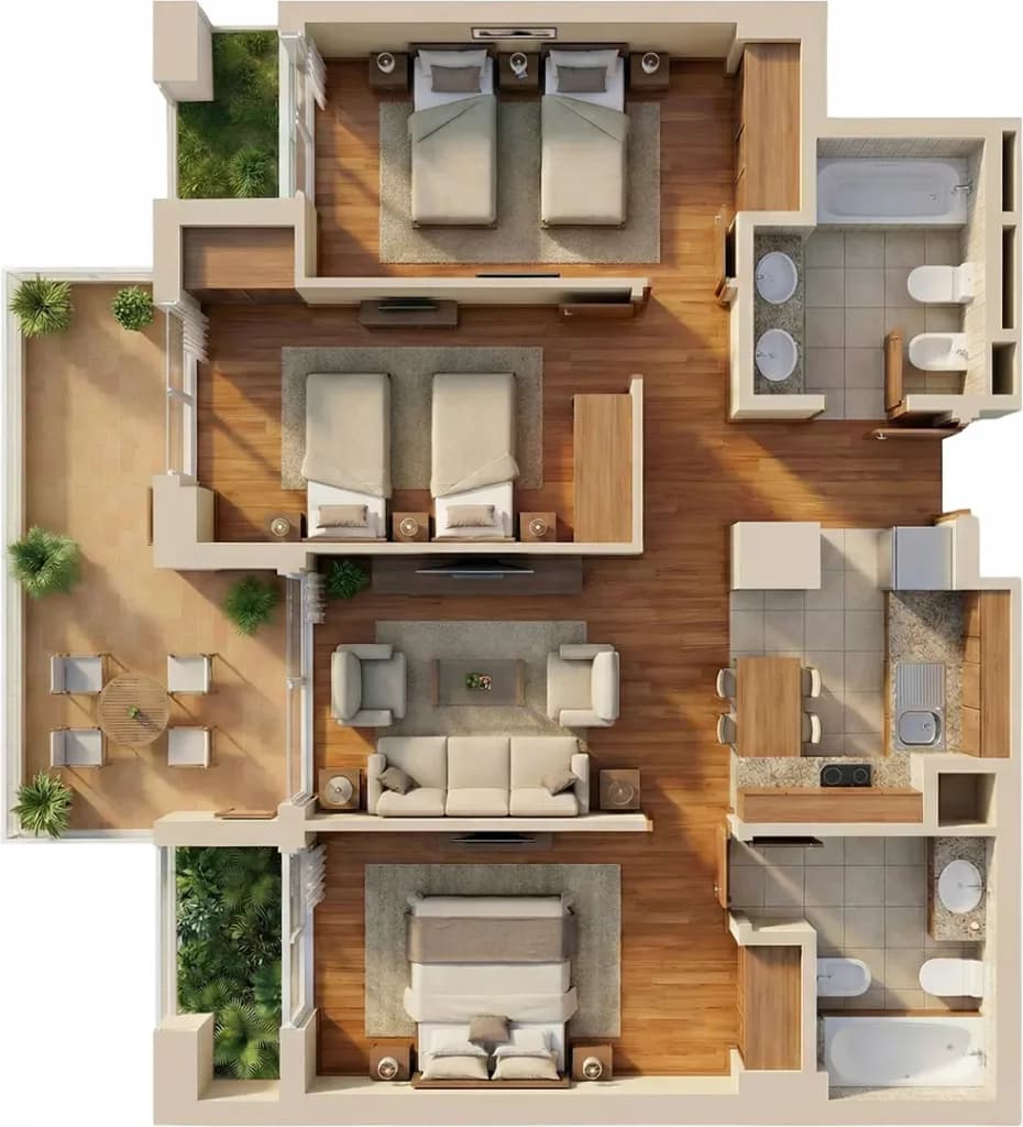 3 Dormitorios — Vista 3D